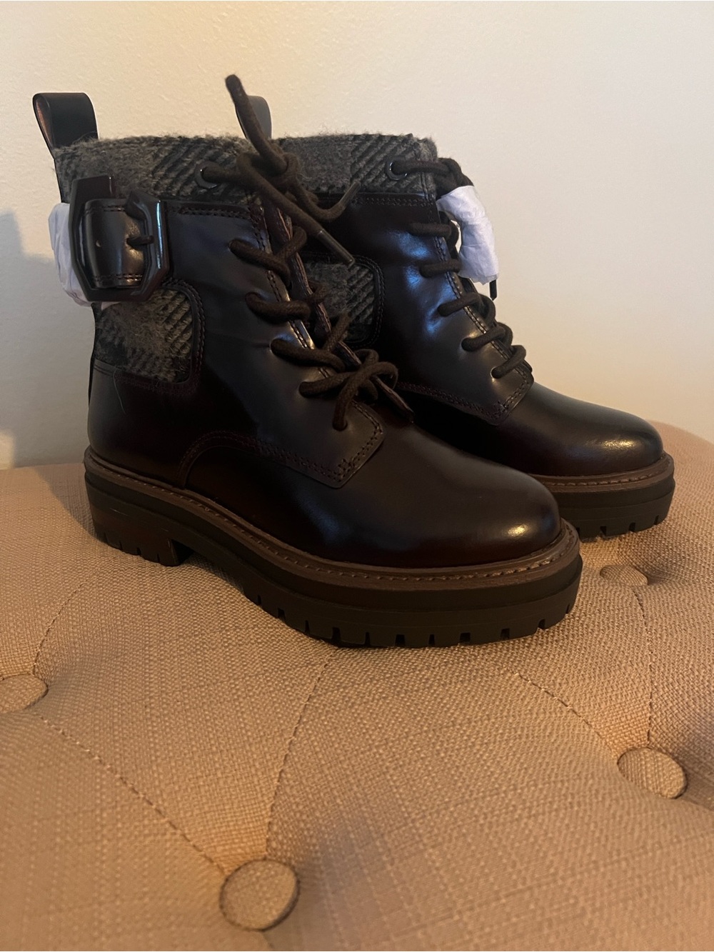 Louise et Cie Saliha Lace-Up Chunky Ankle Moto Boots in Dark Brown
